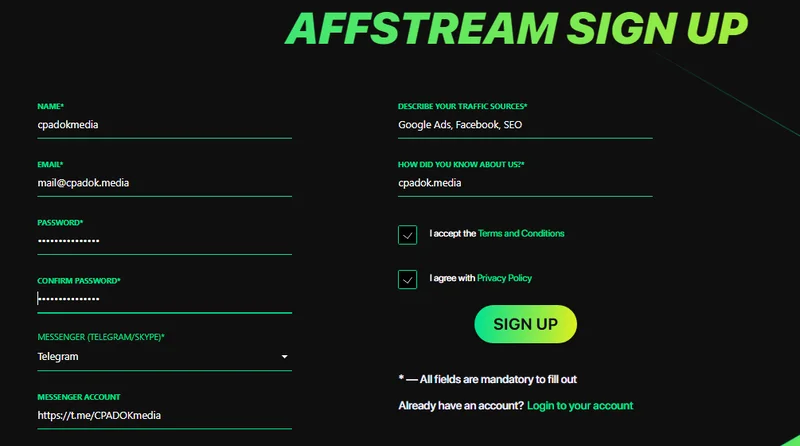 Реєстрація в CPA-мережі Affstream