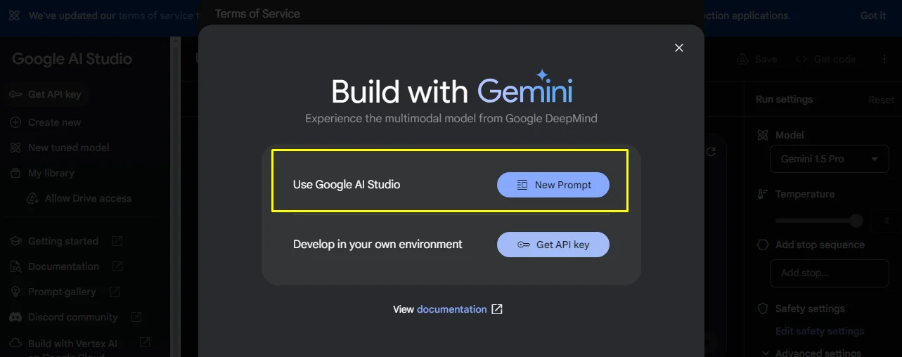 Інтерфейс Gemini 1.5 Pro - Google AI Studio